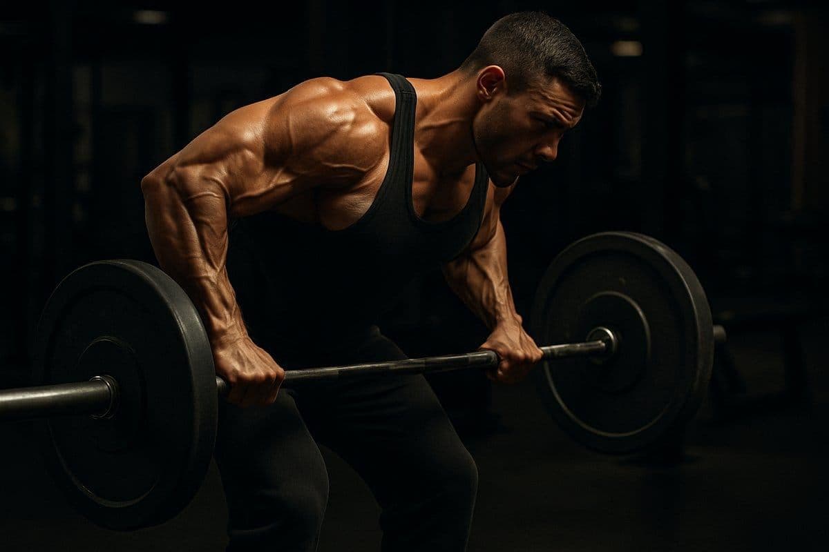 Lifter pulling a heavy barbell in the dark strength hall